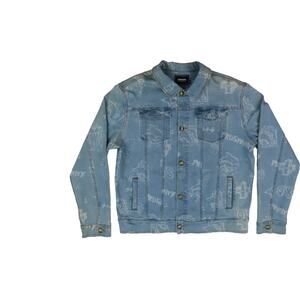 Pink Dolphin Scribbles All Over Print Light Wash Trucker Denim Jean Jacket L